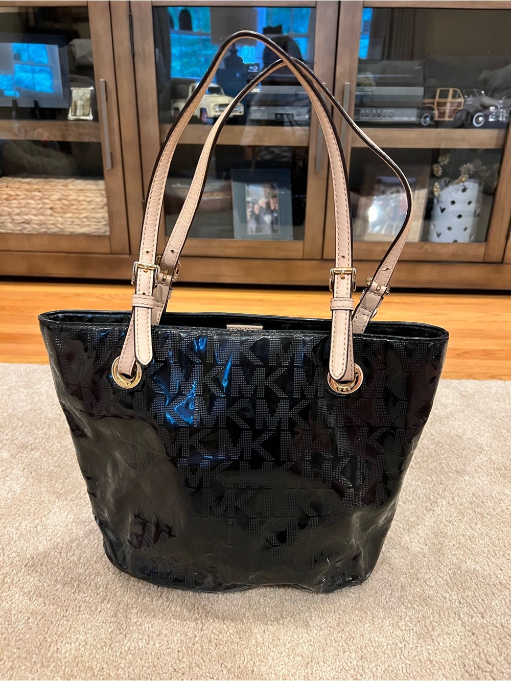 Michael Kors Black Patent MK Logo Tote with Beige Straps